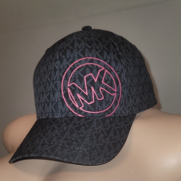 Michael Kors Black Monogram Hat with Pink MK - Picture 1 of 5